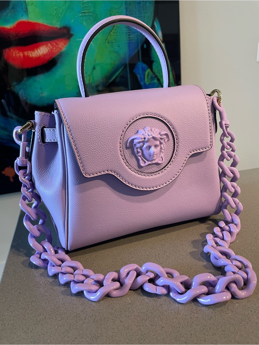Versace Purple Leather Top Handle Vitello Bag